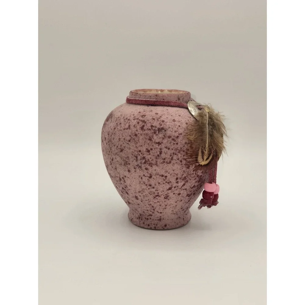 Studio Pottery Vase Signed Pink Speckled Glaze Feather Charm Southwest Style‎ 4